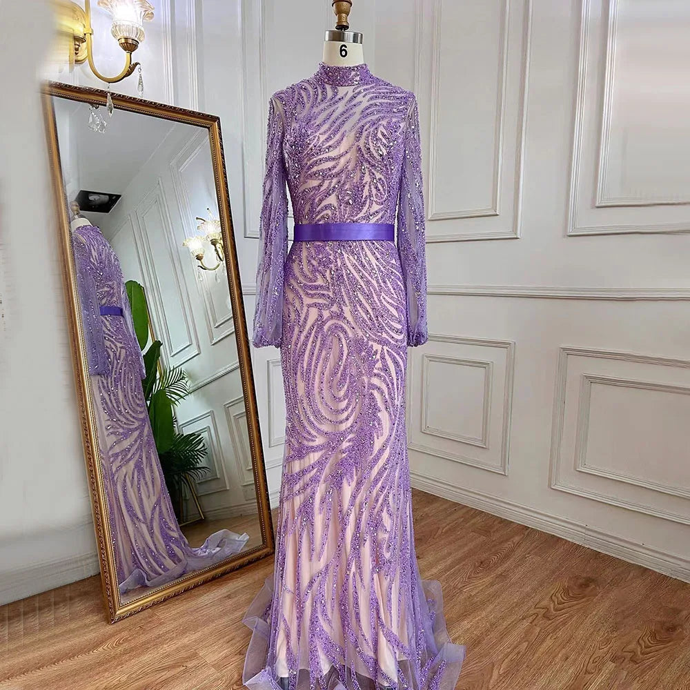 Serene Hill Arabic Purple Mermaid Puff High Neck Sleeves Elegant Beaded Evening Dresses Gowns For Women Party 2024 LA71815