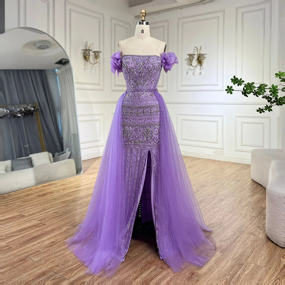 Serene Hill Arabic Purple Spaghetti High-Split Mermaid Beaded Evening Gown for Women | Wedding Party 2024 LA72603