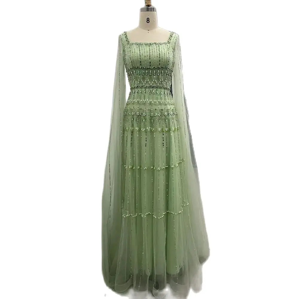 Serene Hill Arabic Sage Green  A-Line Beaded Luxury Dubai Long Evening Gown with Cape Sleeves for Women - Party 2024 LA72595