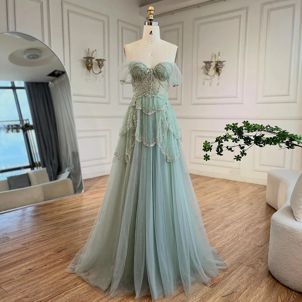 Serene Hill Arabic Sage Green A-Line Elegant Off The Shoulder Luxury Beaded Evening Dress for Women - Wedding Party 2024 LA72605