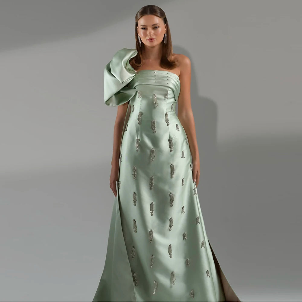 Serene Hill Arabic Sage Green One Shoulder with Cape Luxury Crystal Dubai Evening Dress Gowns for Women's Wedding Party LA72412