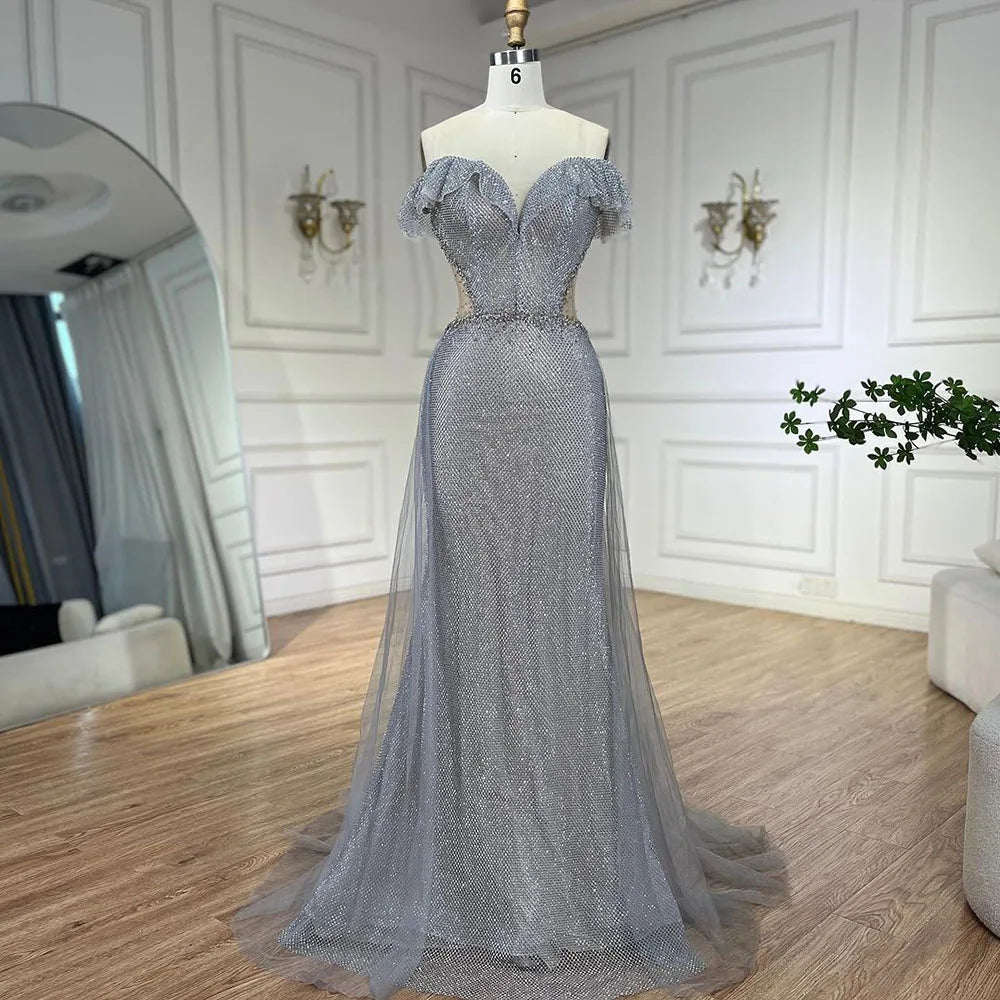 Serene Hill Arabic Silver Evening Gowns with Detachable Train, 2024 Luxury Sparkling Mermaid Dresses for Women's Party, LA70813