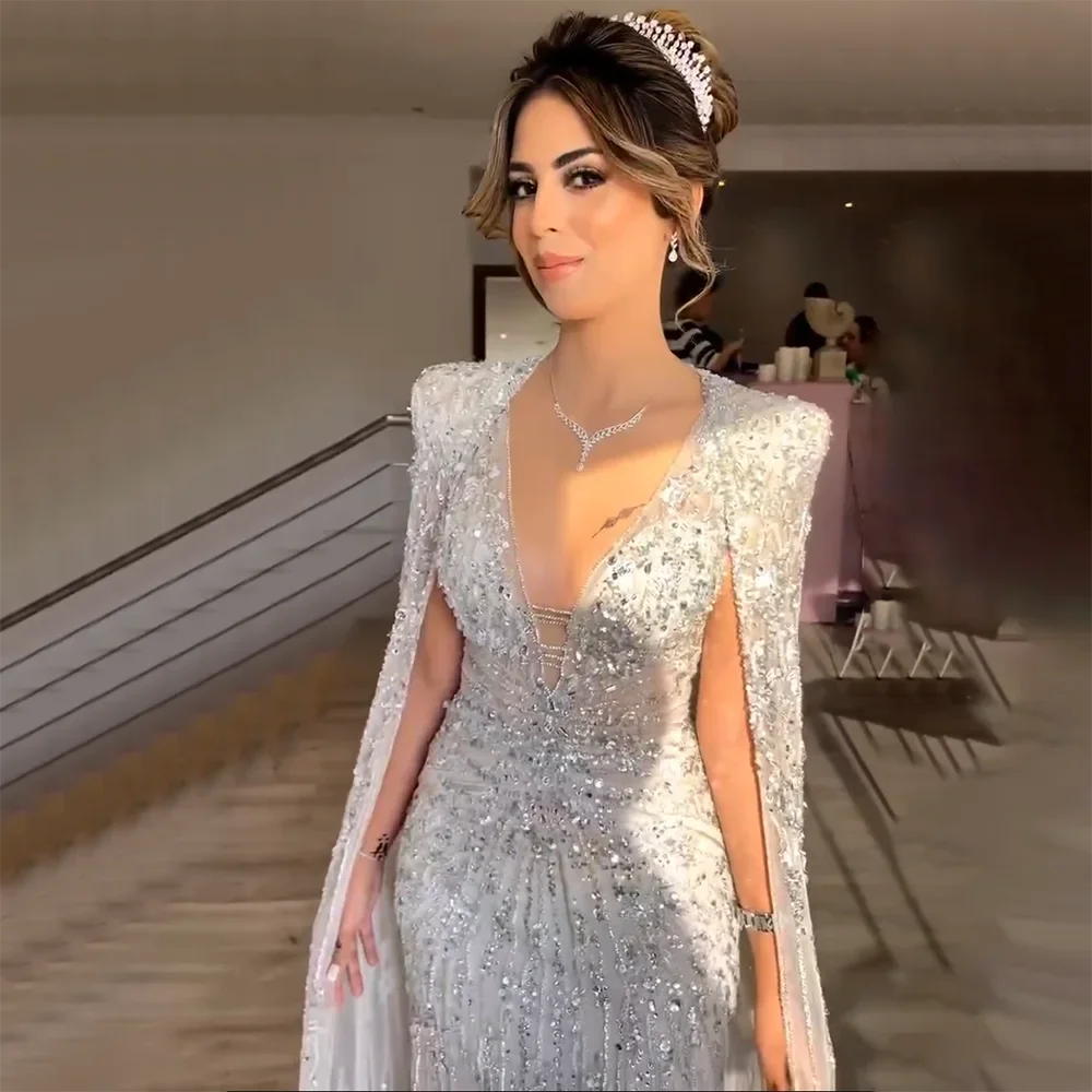 Serene Hill Arabic Silver Mermaid Cape Sleeves Beaded Evening Dresses Luxury Gowns 2024 For Women Wedding Party LA72239