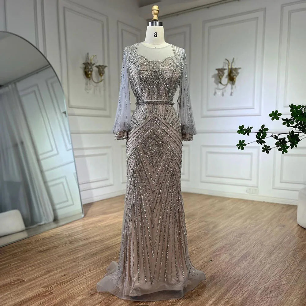 Serene Hill Arabic Silver Nude Elegant Mermaid Beaded Luxury Dubai Evening Dresses Gowns For Women Wedding Party 2024 LA72017