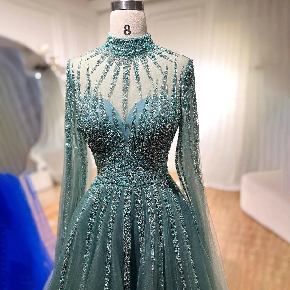 Serene Hill Arabic Turquoise A Line Beaded Dubai Evening Dresses With Cape Sleeves Gowns For Women Wedding Party 2024 LA72199