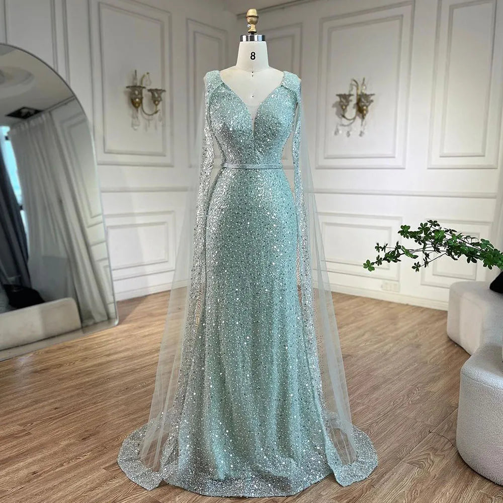 Serene Hill Arabic Turquoise Mermaid Dubai Evening Dress with Elegant Luxury Beaded Cape Sleeves for Women's Party 2024 LA72574