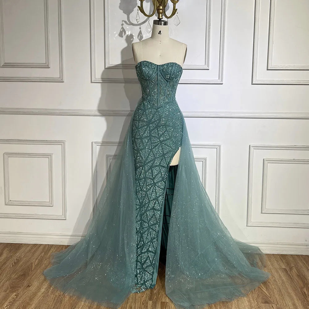 Serene Hill Arabic Turquoise Strapless High-Split Mermaid Beaded Luxury Evening Gown for Women Wedding Party 2024 LA72610