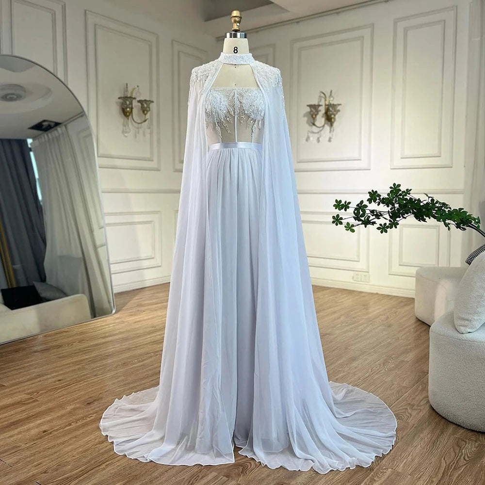 Serene Hill Arabic White Beaded Lace Mermaid Gown with Detachable Long Cape | Evening Dress for Women Wedding Party 2024 LA72415