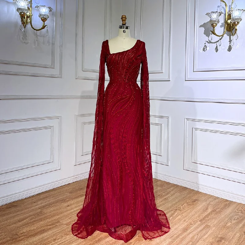 Serene Hill Arabic Wine Red Mermaid Elegant Cape Sleeves Beaded Luxury Evening Dresses Gowns For Women Party 2024 LA71838