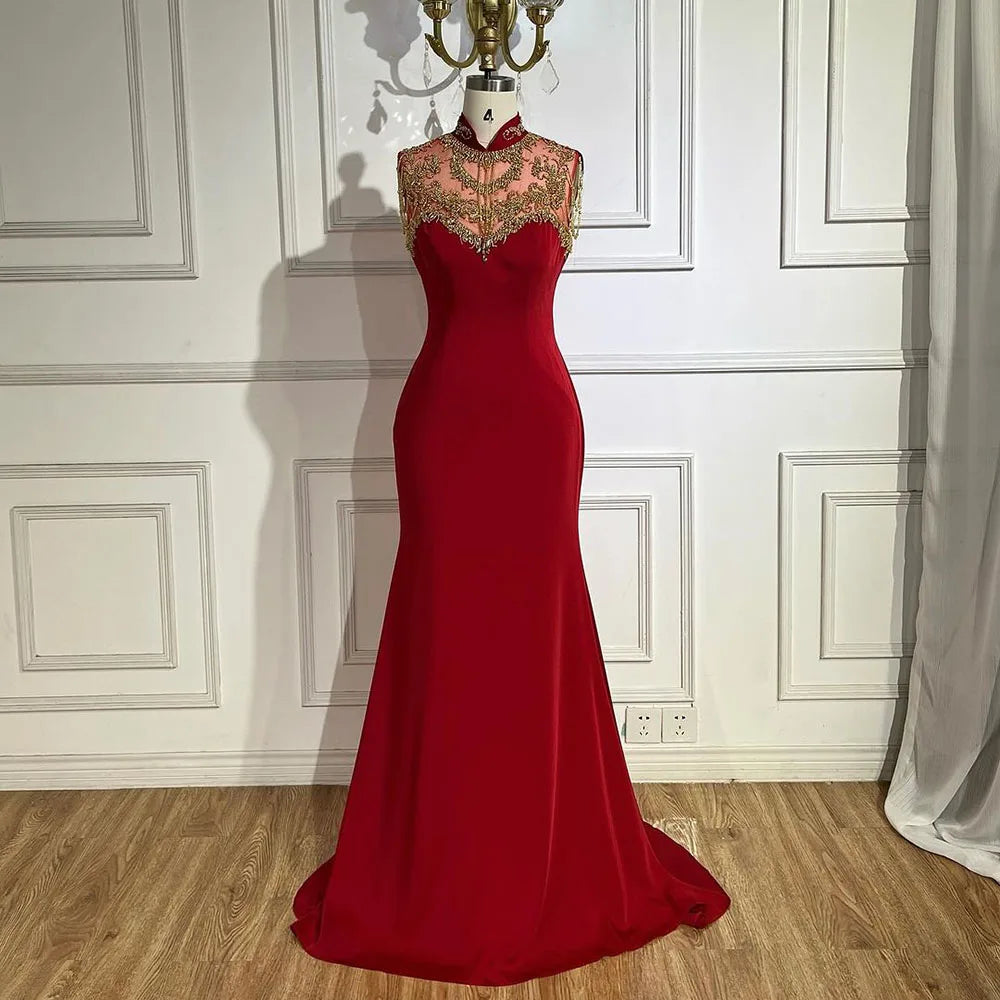 Serene Hill Arabic Wine Red Mermaid Elegant Satin Beaded Luxury Dubai Evening Dresses Gowns For Women Wedding Party 2024 LA72556