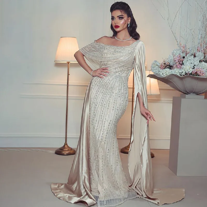 Serene Hill Beige One Shoulder Cape Sleeve Elegant Mermaid Beaded Luxury Evening Dresses Gowns 2024  For Woman Party LA71694