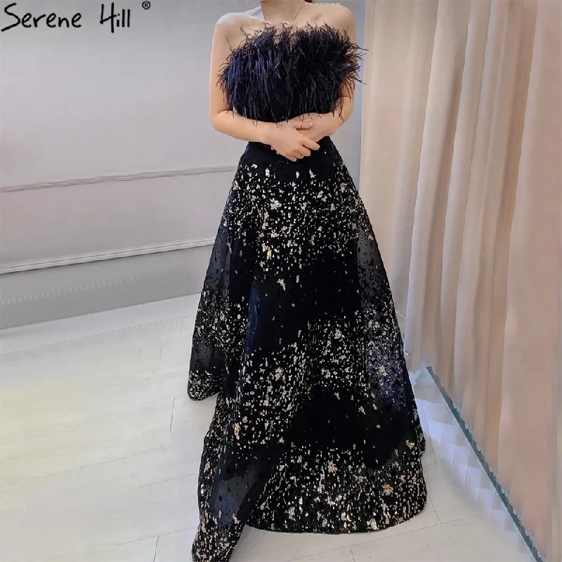 Serene Hill Black A-Line Sexy Evening Dresses Gowns 2024 Feather Beaded Luxury For Women Wedding Party LA71480