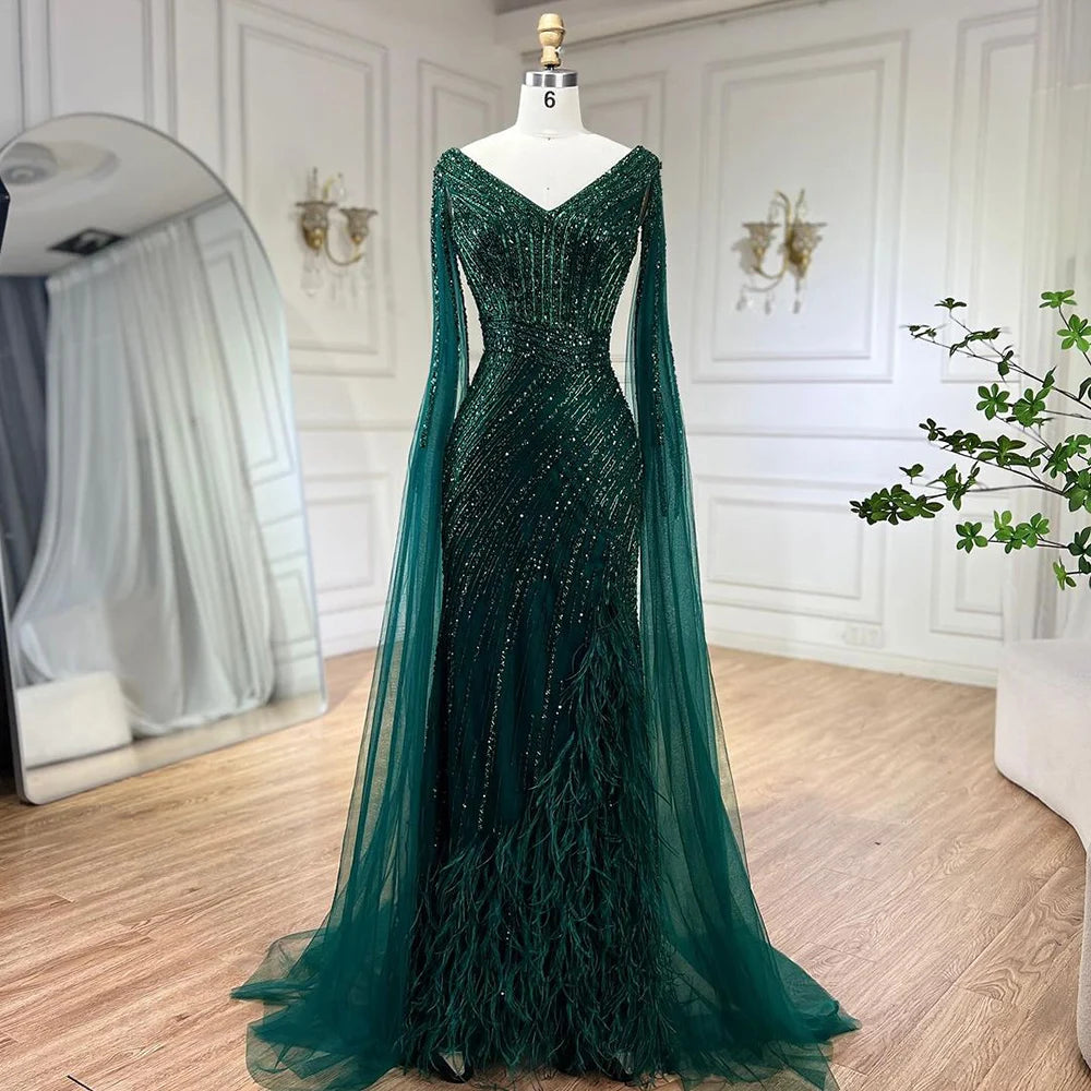 Serene Hill Black Mermaid Cape Sleeves High Split Luxury Beaded Feathers Evening Dresses Gowns 2024 For Women Party LA72216