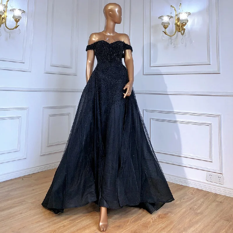 On Sale no return no refundSerene Hill Black Mermaid Sleeveless Sexy Off Shoulder Luxury Beaded Evening Dresses Gowns For Women Party 2024 LA70602