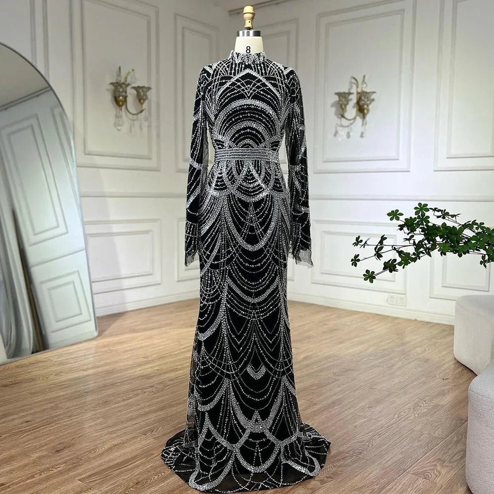 Serene Hill Black Muslim Luxury Beaded Elegant Mermaid Dubai Evening Dresses Gowns for Woman Wedding Party 2024 LA72512