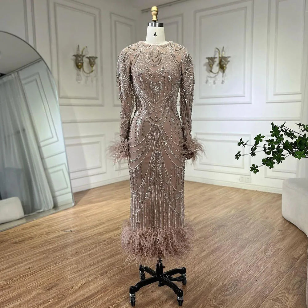 Serene Hill Bling Caramel Mermaid Arabic Evening Dress Feather Pearls Prom Formal Dresses for Women Wedding Party Gowns LA72482