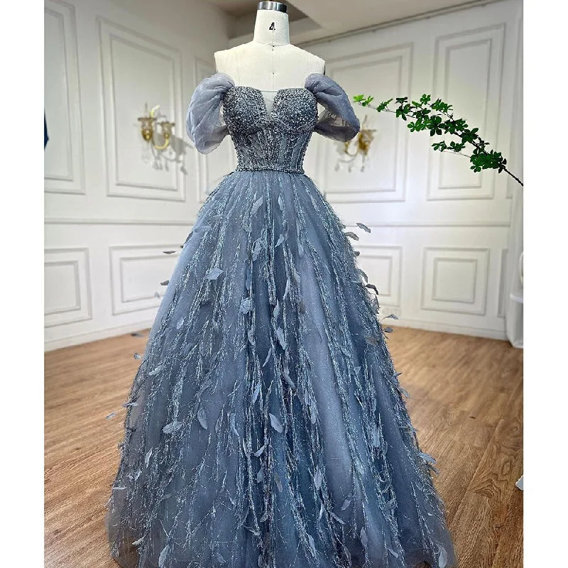 Serene Hill Blue A Line  Sexy Off Shoulder Beaded Feathers Luxury  Evening Dresses Gowns For Women Wedding Party 2024 LA72120