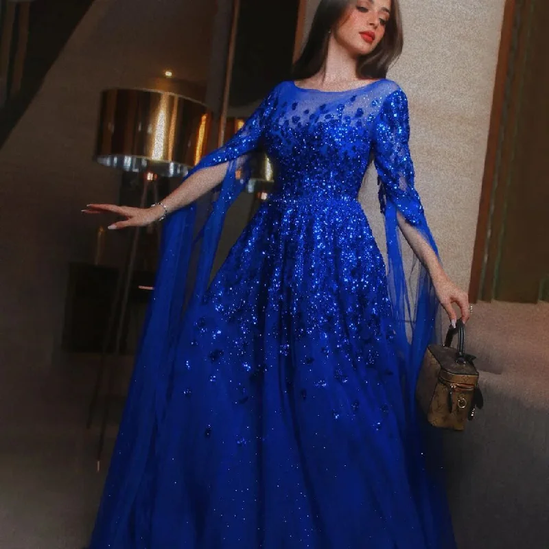 Serene Hill Blue Arabic Cape Sleeves Beaded Luxury Dubai Evening Dresses Gowns Formal Gowns 2024 For Women Wedding Party LA70454