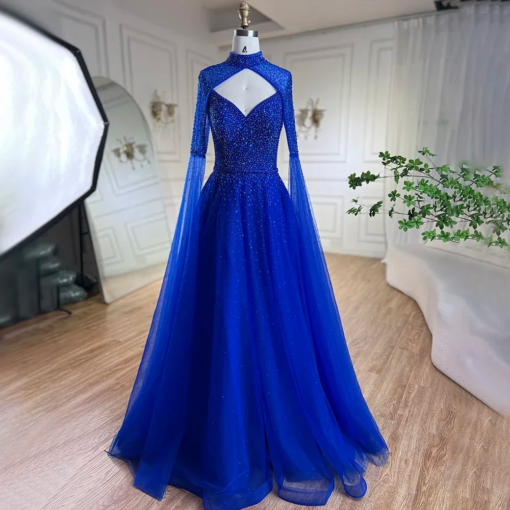 Serene Hill Arabic Blue Cape Sleeves A Line Beaded Luxury Dubai Evening Dresses Wedding Party Gowns For Women 2024 LA72191