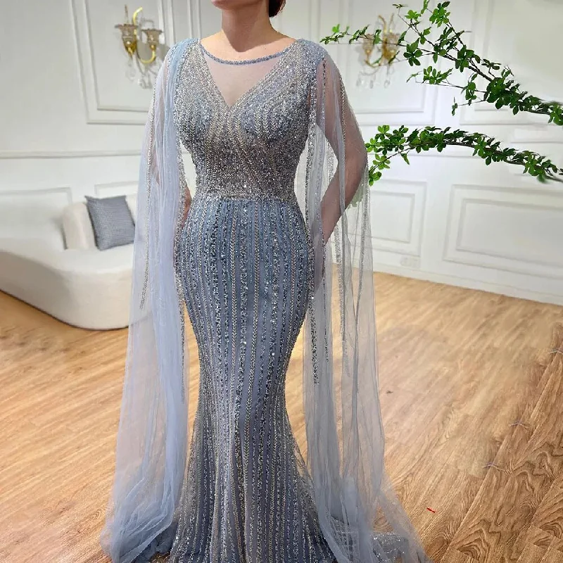 Serene Hill Blue Mermaid Elegant Cape Sleeves Beaded Arabic Long Evening Dresses Gowns For Women Wedding Party 2024 LA72173