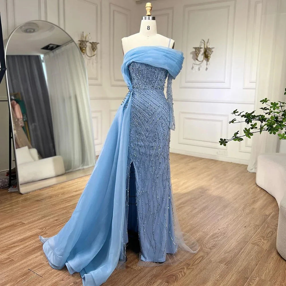 Serene Hill Blue Mermaid Elegant One Shoulder Evening Dresses Gowns Luxury Pearls Beaded For Women Wedding Party 2024 LA72244