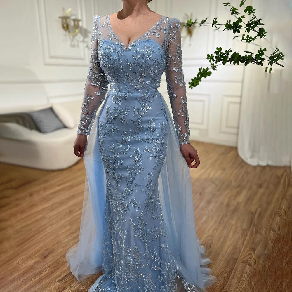 Serene Hill Blue Mermaid Elegant With Train Beaded Luxury Arabic Evening Dresses Gowns For Women Wedding Party 2024 LA71851