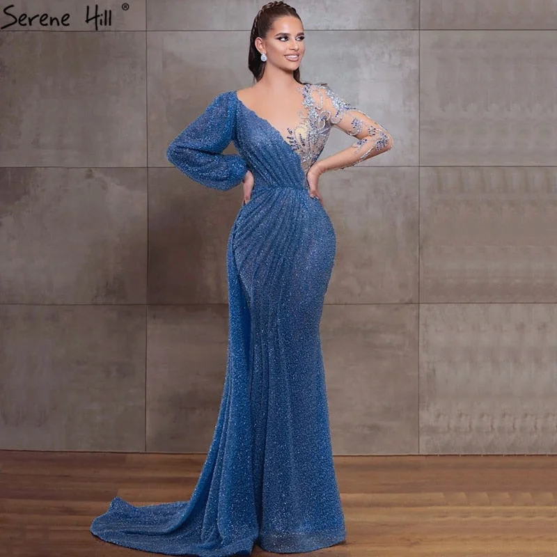 Serene Hill Blue Mermaid O-Neck Evening Gowns 2024 Dubai Long Sleeves Beading Sparkle Formal Dress LA70759