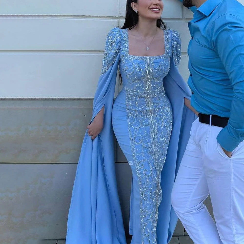 Serene Hill Blue Muslim Elegant Mermaid Cape Sleeves Evening Dresses Arabic Beaded Gowns 2024 For Women Wedding Party LA72050