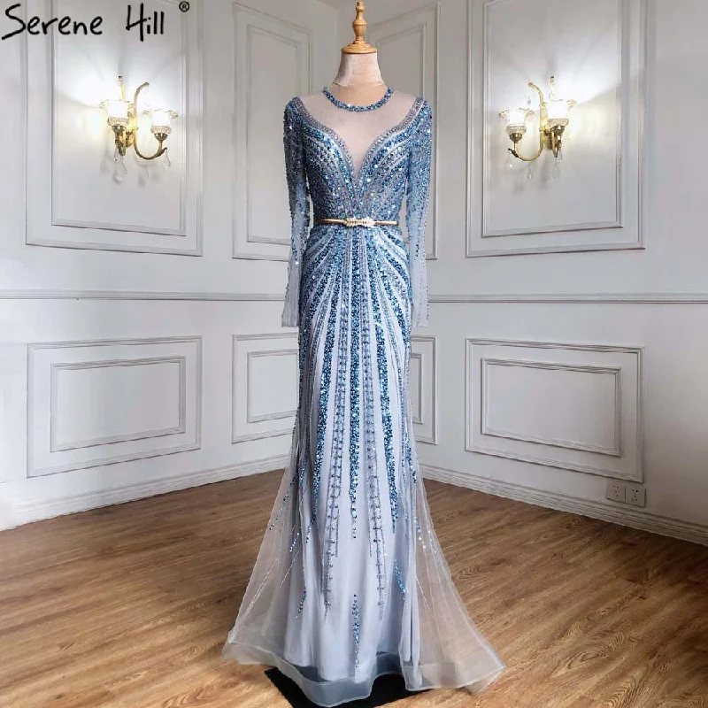 Serene Hill Blue Muslim Mermaid Elegant Evening Dresses Gowns 2024 Luxury Beaded For Women Party LA71374