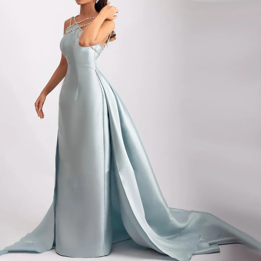 Serene Hill Blue Satin Elegant Halter With Overskirt Mermaid Beaded Evening Dresses Gowns for Women Wedding Party 2024 LA72524