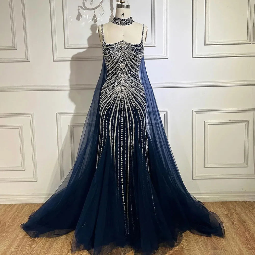 Serene Hill Blue Spaghetti Strap Long Cloak Mermaid Beaded Lace up Luxury Evening Dresses Gowns for Women Wedding Party LA72440