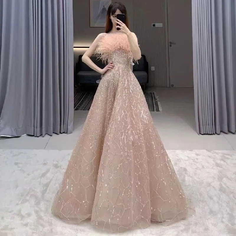 Serene Hill Blush Pink Sleeveless A Line Boat Neck Beaded Luxury Feathers Party Dresses Formal Women Evening 2024 LA71797