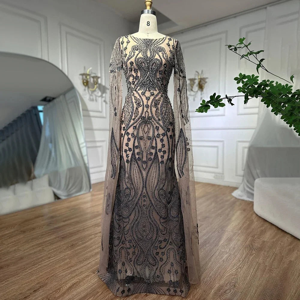 Serene Hill Brown Arabic Mermaid Elegant Cape Sleeves Sexy Evening Dresses Gowns 2024 Luxury Beaded For Women Party LA71832