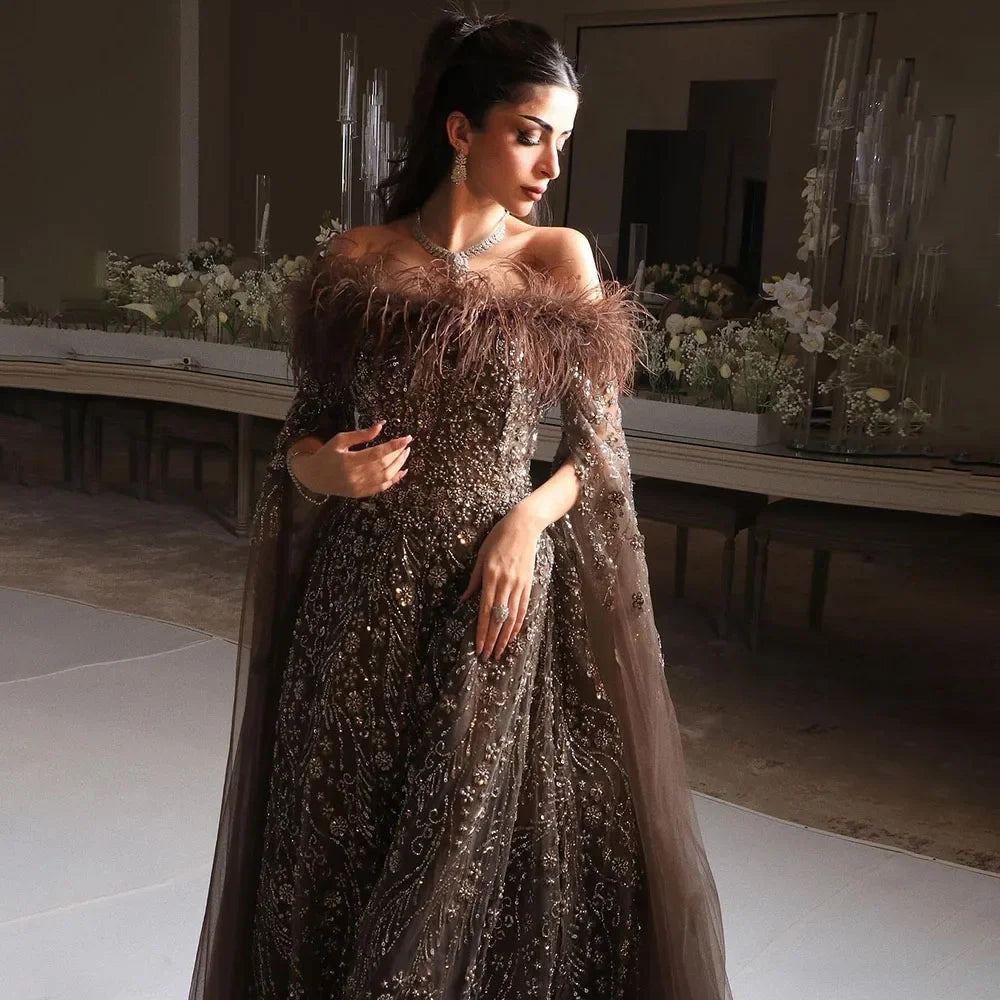 Serene Hill brown Feathers Beaded Evening Dresses with Cape Sleeves A-Line and Gown for Women's Wedding Party 2024 LA72401