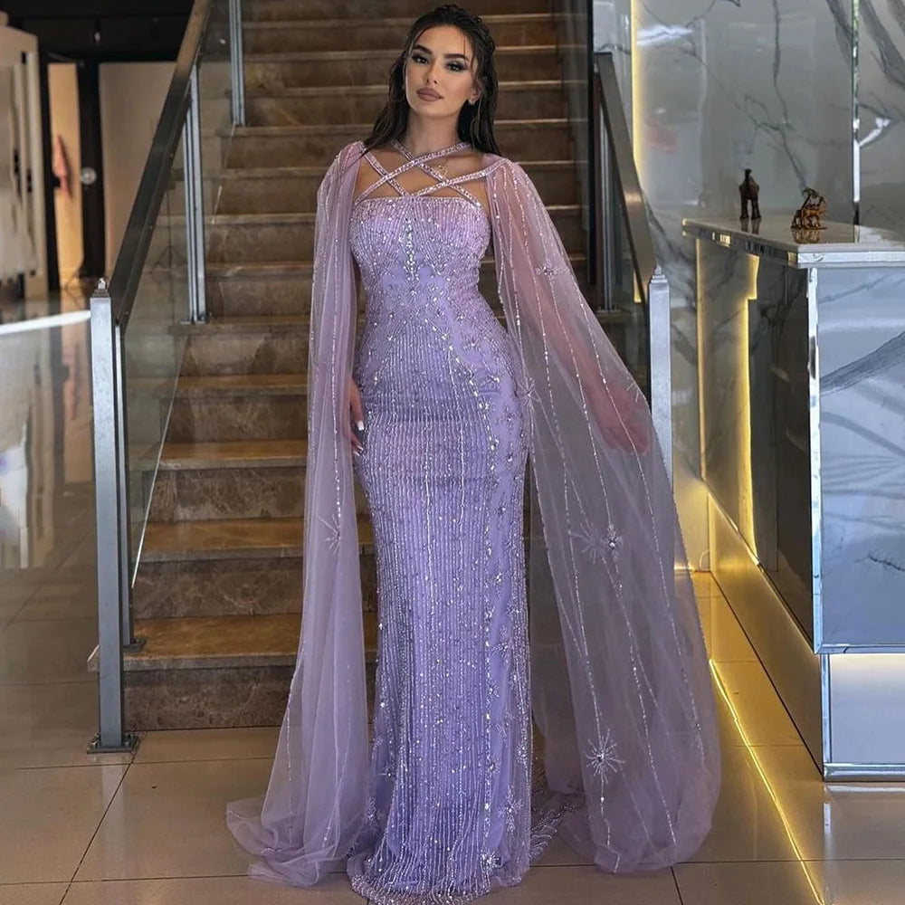 Serene Hill Caramel Elegant Cape Sleeves Beaded Mermaid Luxury Dubai Evening Dresses Gowns For Women Wedding Party 2024 LA71905B