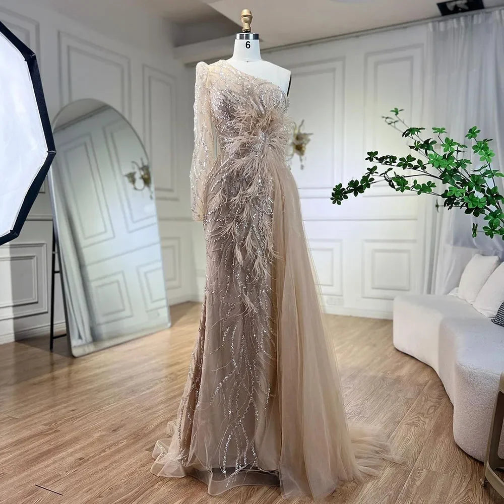 Serene Hill Caramel Mermaid With Overskirt One Shoulder Beaded Feathers Evening Dresses Gowns For Women Party 2024 LA71789A