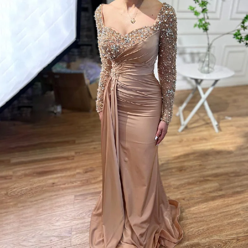 Serene Hill Caramel Muslim Mermaid Elegant Heartsweet Overskirt Luxury Beaded Evening Dresses Gowns 2024 For Women Party LA72024