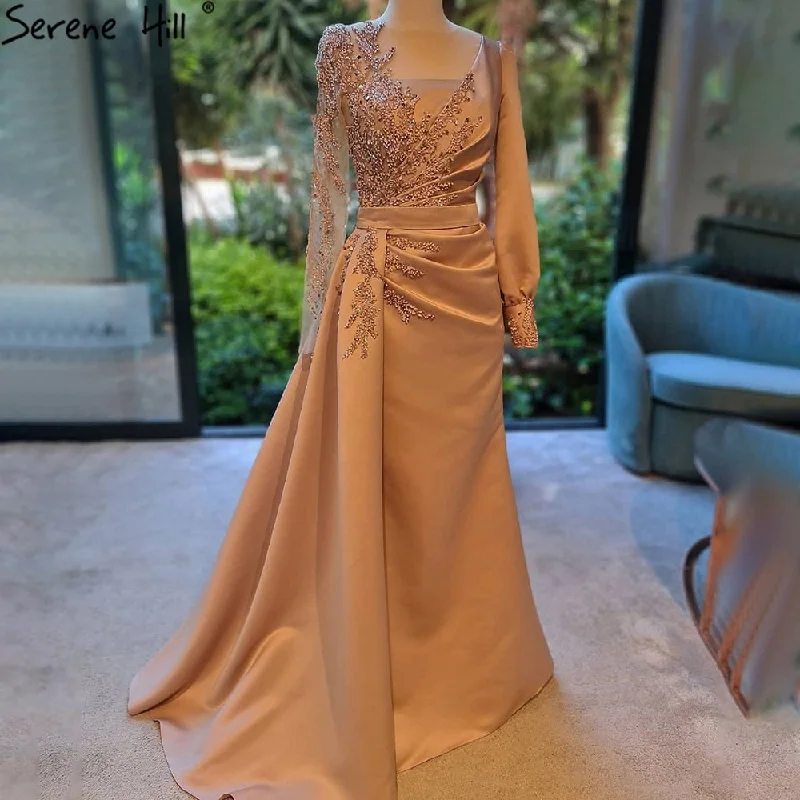 Serene Hill Champagne Mermaid Overskirt Evening Dresses Gowns 2024 Elegant Beaded Satin  For Women Party LA71430