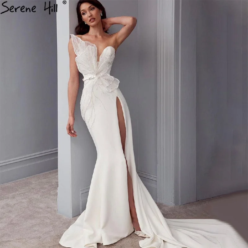 Serene Hill  Designer White Satin Beaded Split  Evening Dresses Gowns 2024 Mermaid Elegant =Sexy For Women Party HM67188