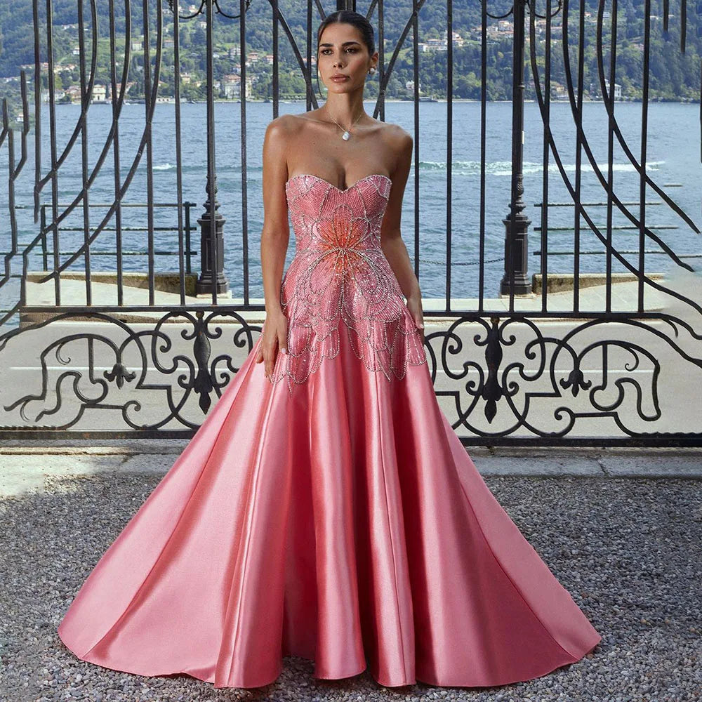 Serene Hill Dubai Arabia Peach A Line Satin Strapless Luxury Beaded Evening Dresses Gowns For Women Wedding Party 2024 LA72195