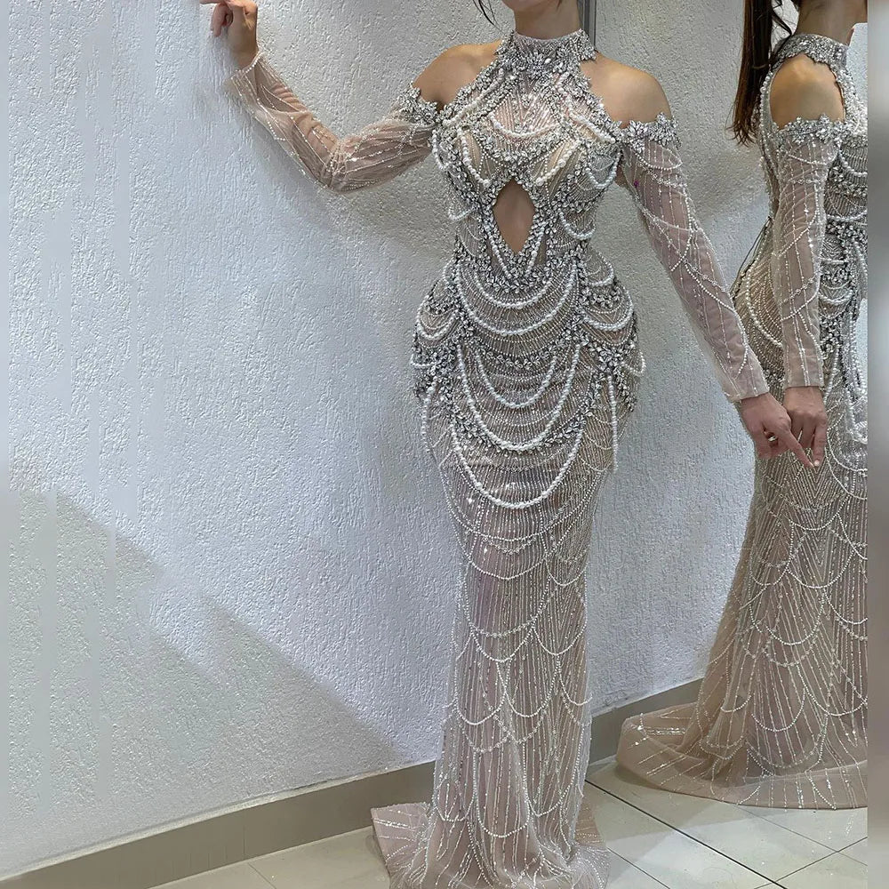 Serene Hill Dubai Arabian Luxury Evening Gowns 2024 for Women Nude Dress with Front Cutout for Weddings and Parties LA72607