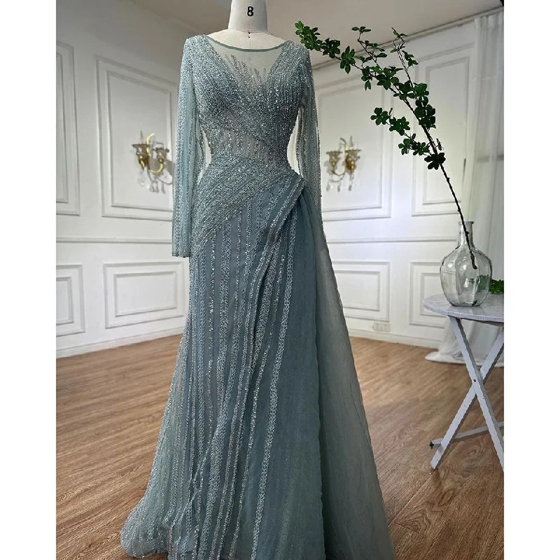 Serene Hill Dubai Arabic Designer Luxury Turquoise Mermaid Beaded Evening Dresses Gowns For Women Wedding Party 2024 LA72124