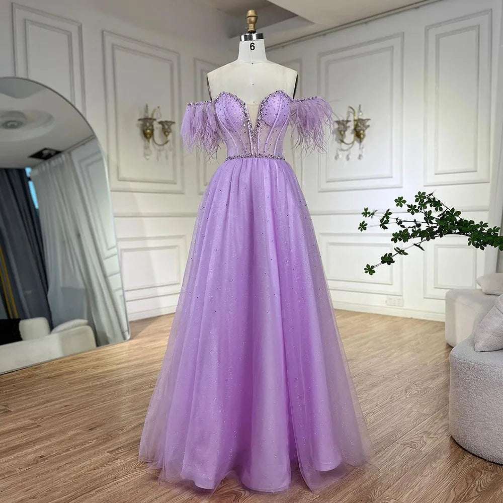 Serene Hill Dubai Arabic Elegant Lilac Feathers Beaded A-Line Evening Gown 2024 Luxury Dress for Women Long Party Dress LA72326