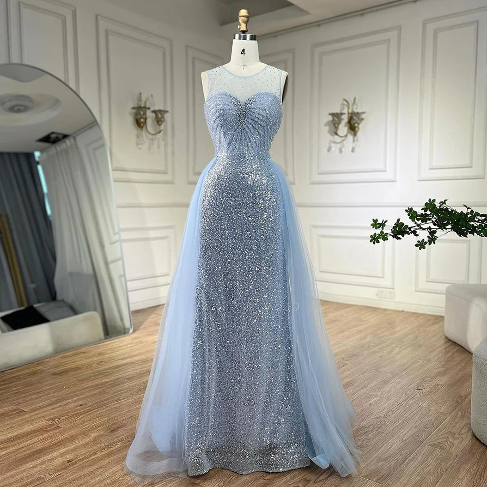 Serene Hill Dubai Arabic Mermaid Blue Elegant With Overskirt Beaded Evening Dresses Gowns for Women's Wedding Party 2024 LA72588