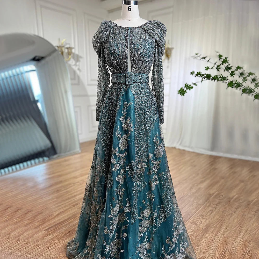 Serene Hill Dubai Blue Muslim Lace Beaded Evening Dresses Gowns 2024 A-Line Luxury Long Sleeves For Women Wedding Party LA71628