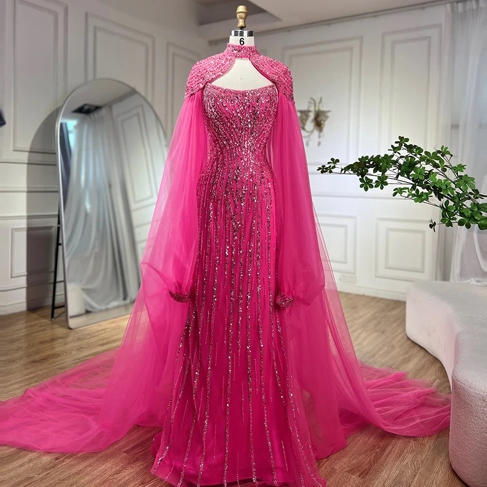 Serene Hill Dubai Caramel Mermaid Long Cloak Beaded Pearls Luxury Evening Dresses Gowns For Women Wedding Party 2024 LA72223