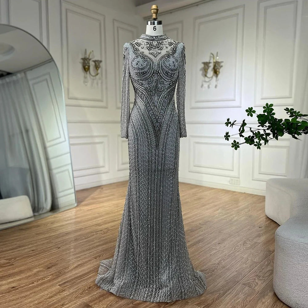 Serene Hill Dubai Gray Mermaid Elegant Lace Crystal Beaded Luxury Evening Dresses Gowns For Women Wedding Party 2024 LA72516