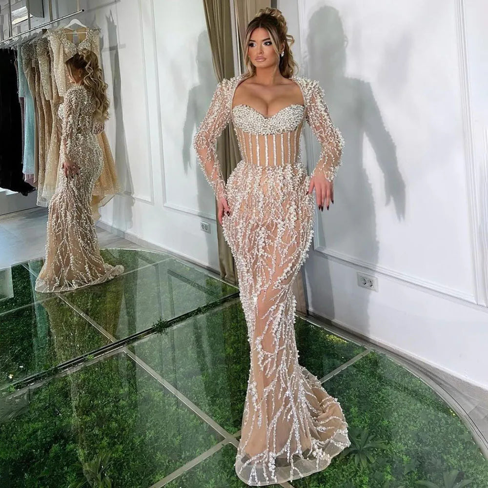 Serene Hill Dubai Luxury Pearls Beaded Nude Elegant Arabic Mermaid Evening Dress for Women - Wedding Party 2024 LA72361