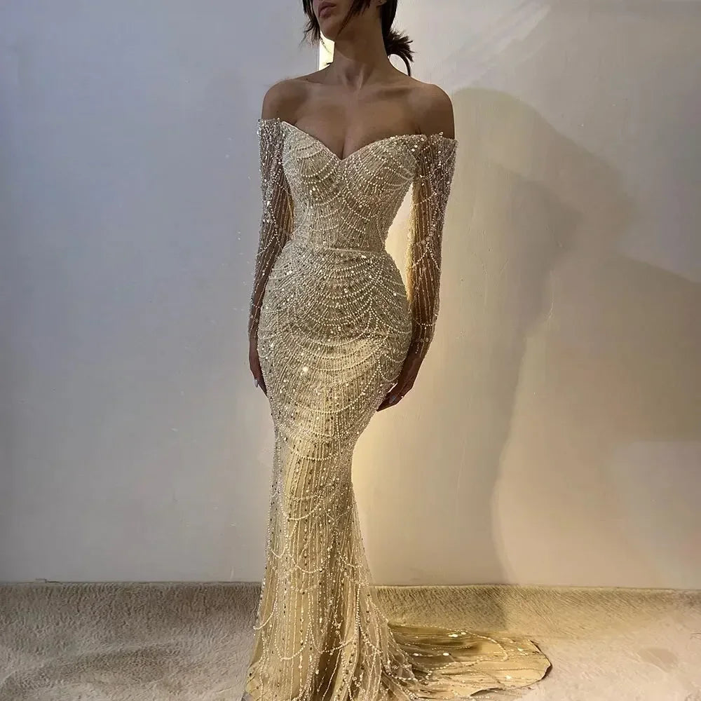 Serene Hill Dubai Nude Elegant Mermaid Arabia Luxury Beaded Evening Dresses Gowns 2024 For Women Wedding Party LA72243