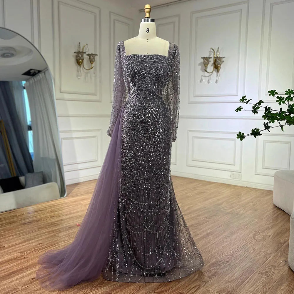 Serene Hill Elegant Arabic Purple Mermaid Beaded Evening Gown with Tulle Overskirt for Women | Wedding Party 2024 LA72032F